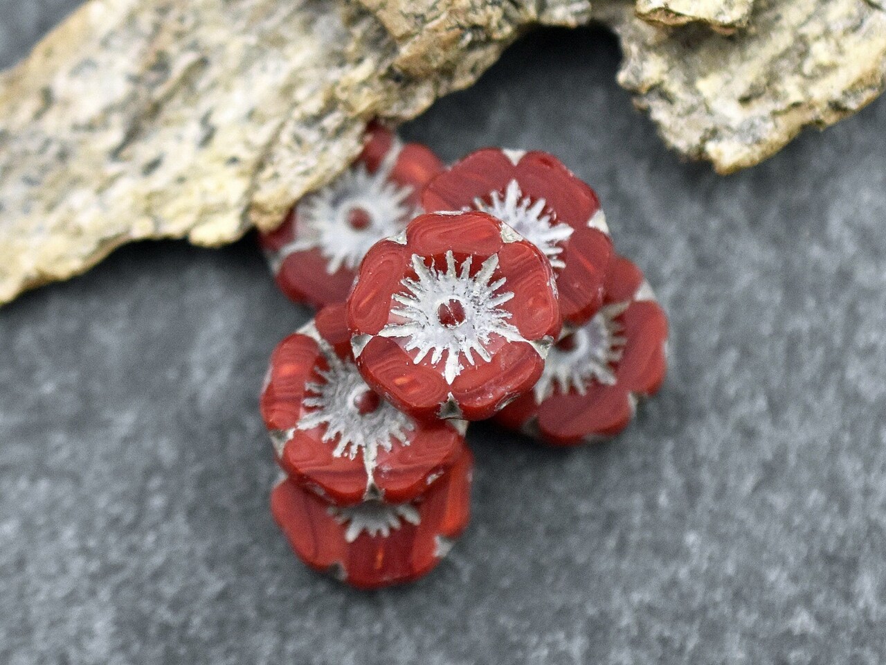 *12* 12mm Light Grey Washed Red Opaline Hawaiian Flower Beads
